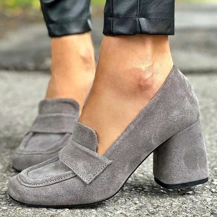 Halelina - Retro loafersy z zamszu z kwadratowym noskiem i grubym obcasem